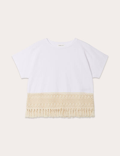 T-shirt franges crochet ecru femme