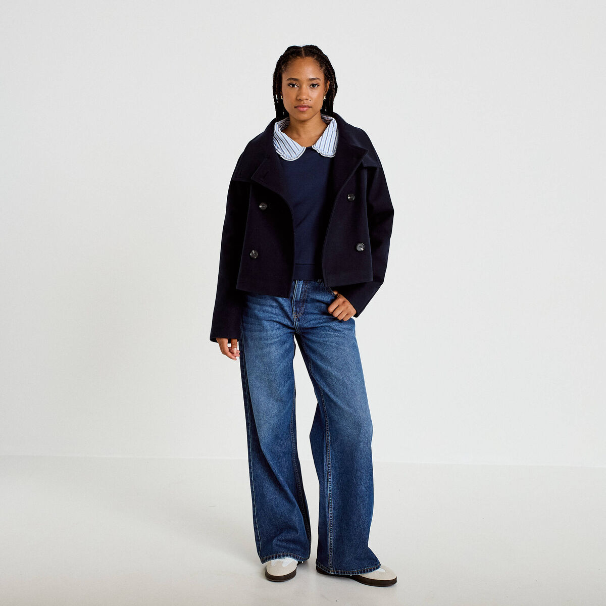 Caban court col montant bleu marine femme