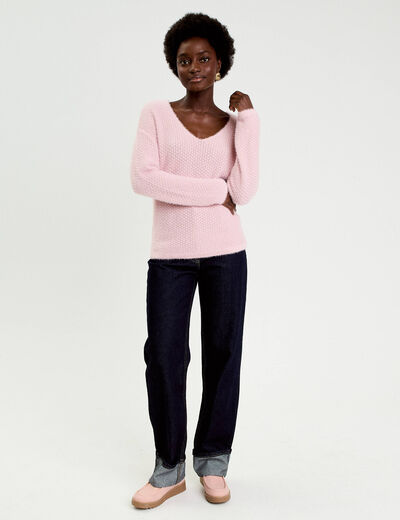 Pull col v manches longues rose pastel femme