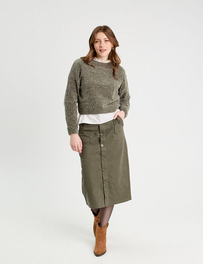 Jupe midi droite ceinturée vert kaki femme