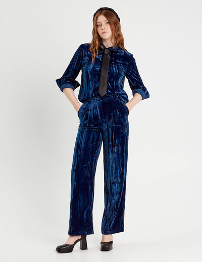 Pantalon large fluide velours bleu foncé femme