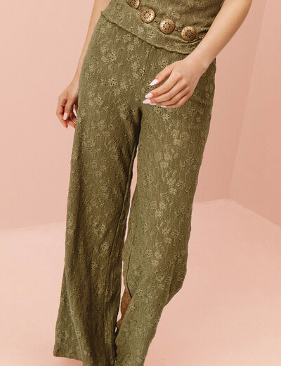 Pantalon large ajouré vert kaki femme