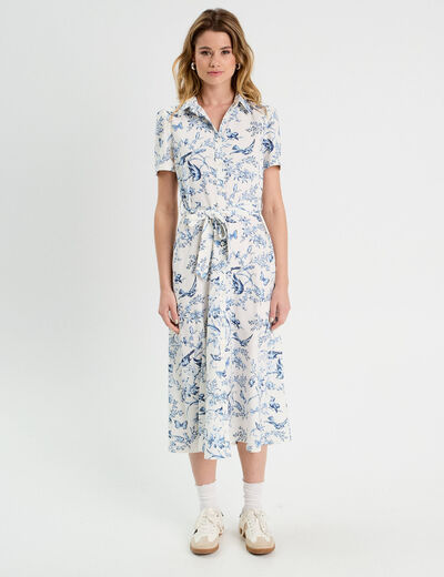 Robe chemise longue ceinturée blanc femme