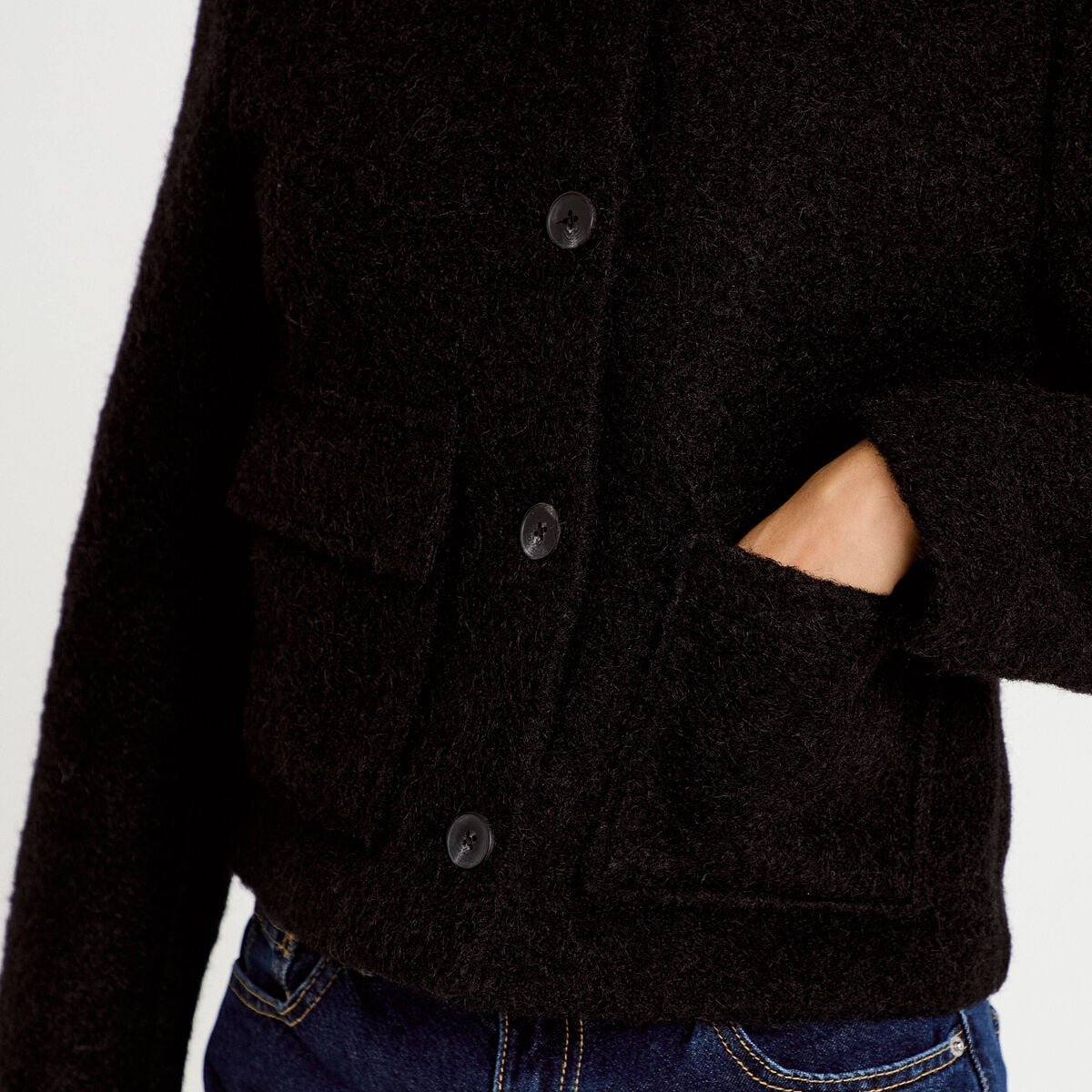 Veste droite bouclette col montant noir femme