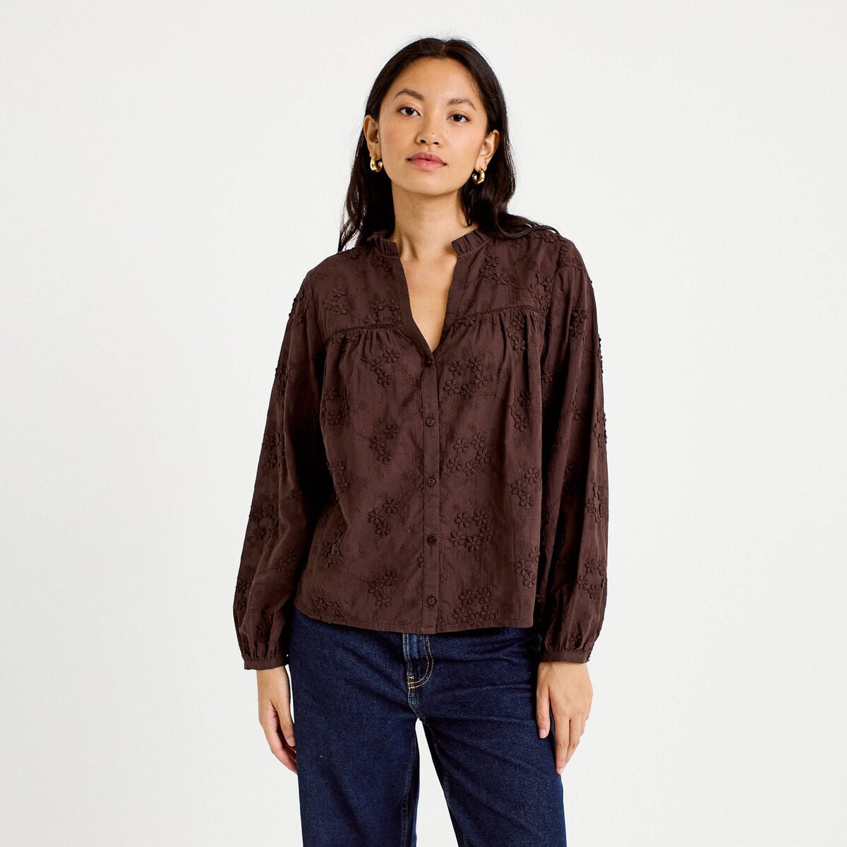Blouse droite col rond manches longues marron fonc&eacute; femme