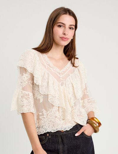 Blouse manches 3/4 dentelle ecru femme
