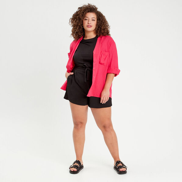 Chemise manches 3/4 contenant du lin rose vif femme