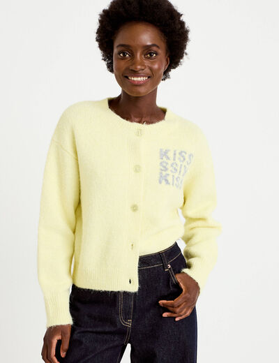 Gilet ample col rond manches longues jaune clair femme