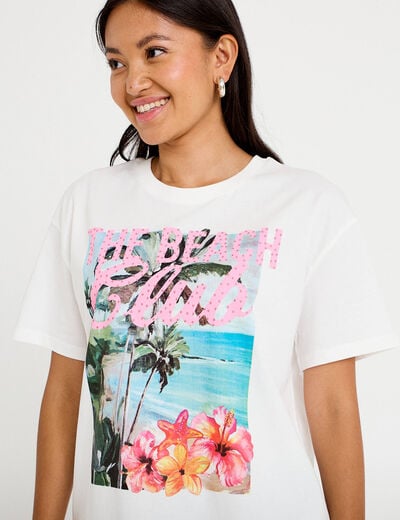 T-shirt col rond manches courtes ecru femme