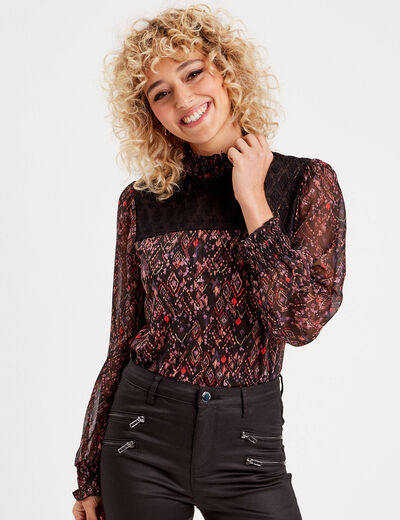 Blouse col montant smocké noir femme