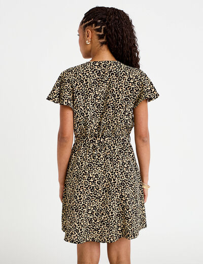 Robe courte &eacute;vas&eacute;e col v manches courtes beige femme