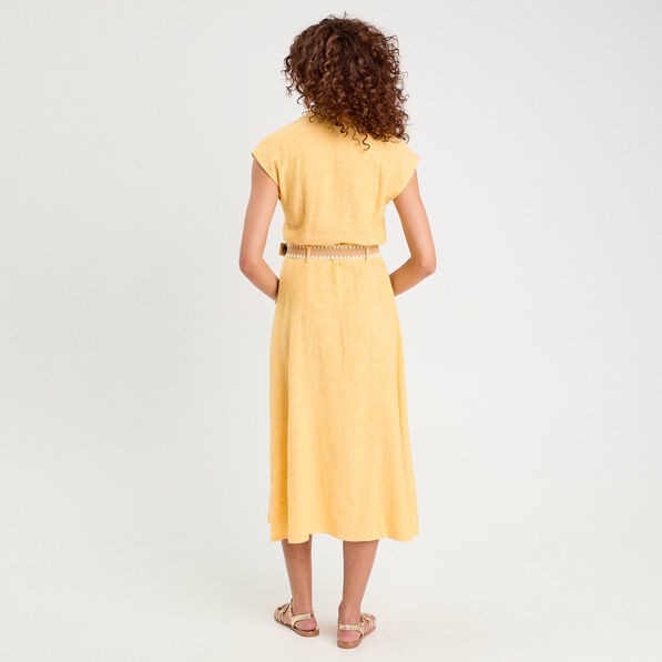 robe chemise midi contenant du lin jaune femme Robe chemise midi contenant du lin jaune femme