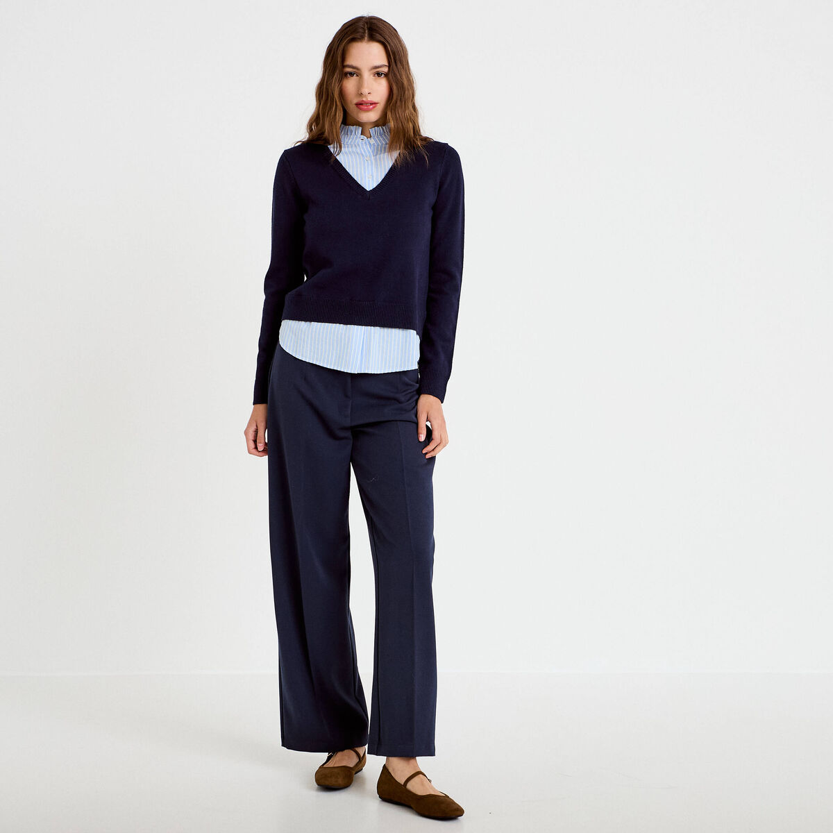 Pull 2-en-1 chemise bleu marine femme
