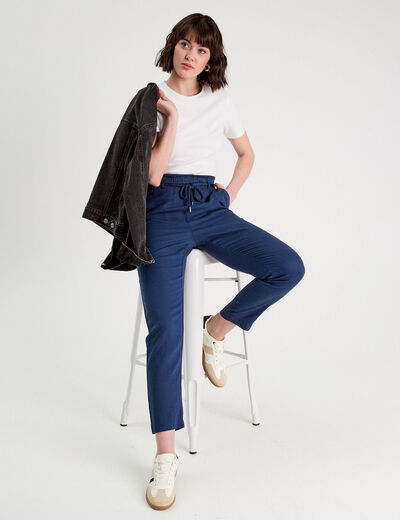 Pantalon droit fluide contenant du lin bleu foncé femme