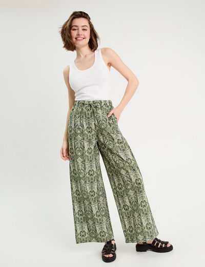 Pantalon large taille haute vert kaki femme