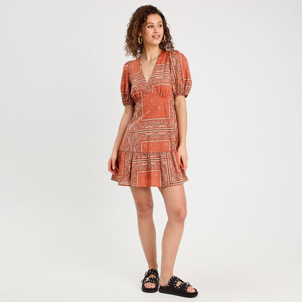 Robe évasée manches ballons terracotta femme