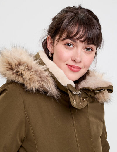 Parka droite avec capuche vert kaki femme