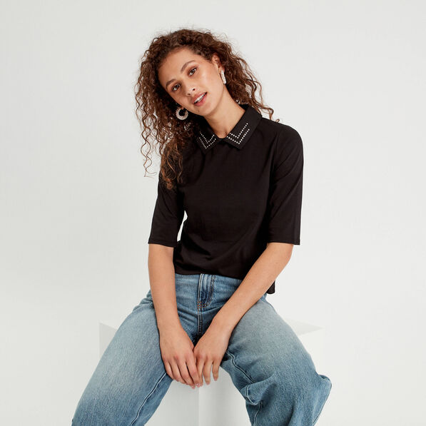 t shirt col bijoux noir femme T-shirt col bijoux noir femme