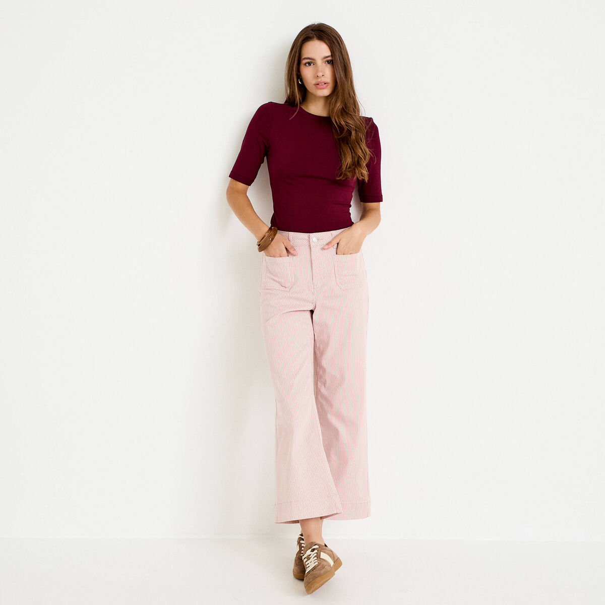 Pantalon large cropped taille haute rose nude femme