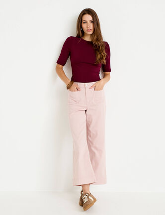 Pantalon large cropped taille haute rose nude femme