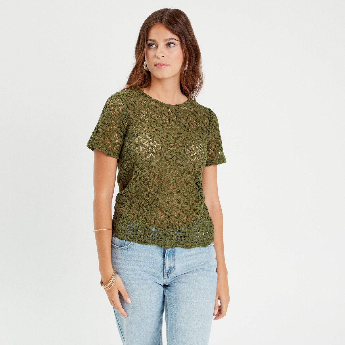T-shirt manches courtes vert olive femme
