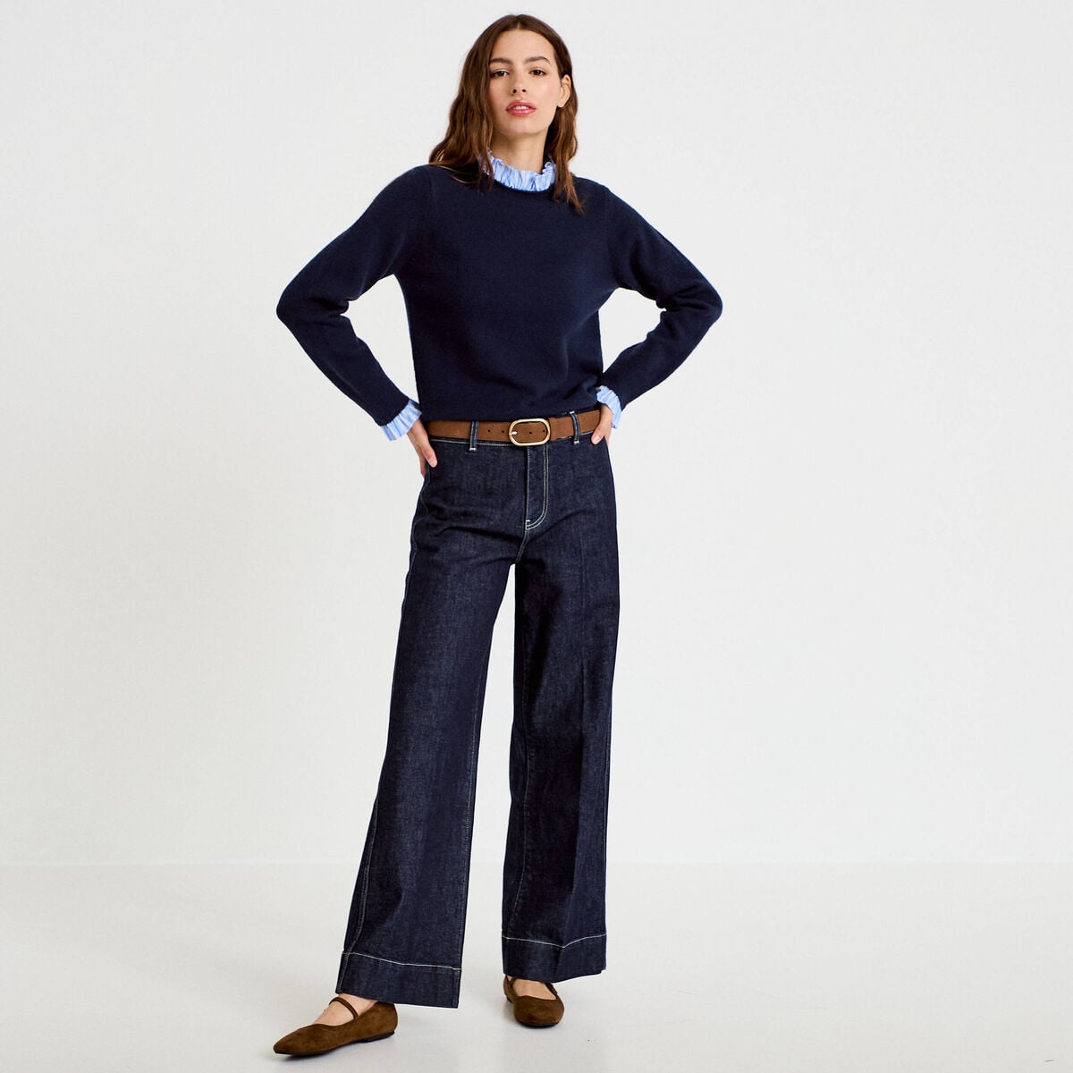 Pull col chemise manches longues bleu marine femme