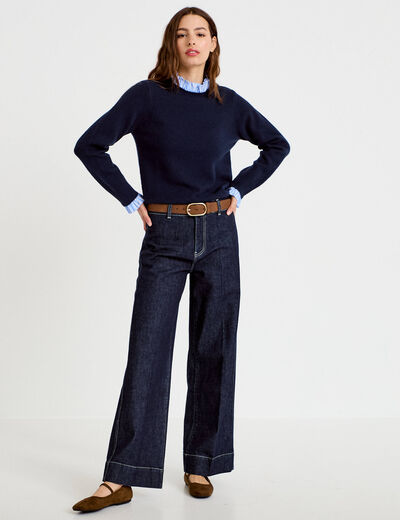 Pull col chemise manches longues bleu marine femme