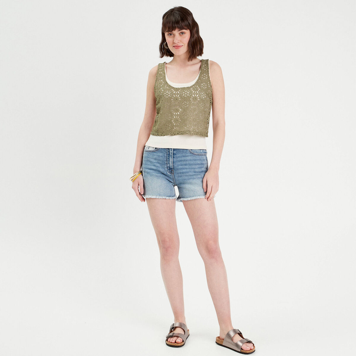 Débardeur 2-en-1 crochet vert kaki femme