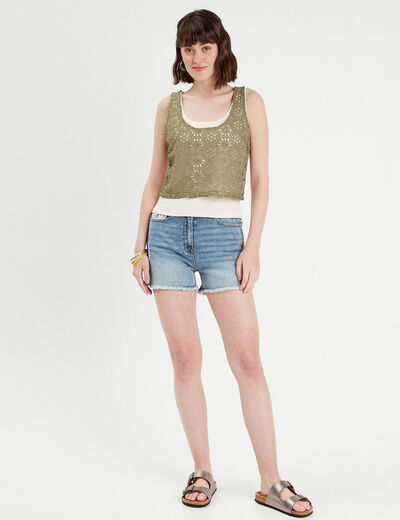 Débardeur 2-en-1 crochet vert kaki femme