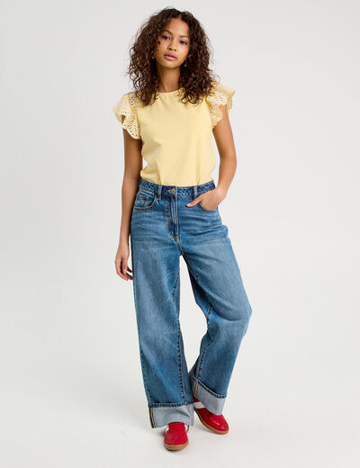T-shirt manches brodées jaune clair femme