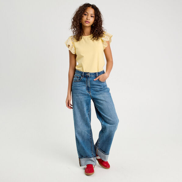 t shirt manches brodees jaune clair femme T-shirt manches brodées jaune clair femme