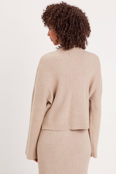 Pull col montant torsades beige femme
