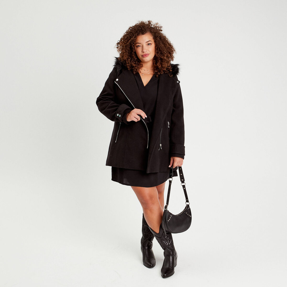 Manteau droit avec capuche noir femme