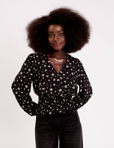 Blouse courte taille smock&eacute;e noir femme