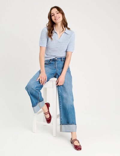 Polo manches courtes ajouré denim snow gris femme