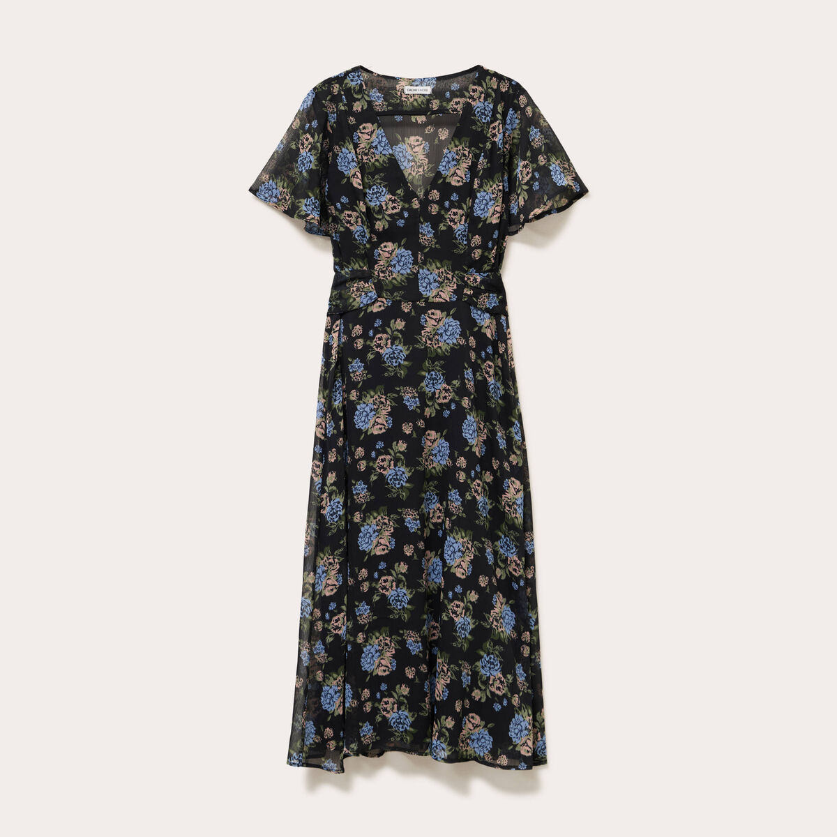 Robe évasée col v manches courtes noir femme