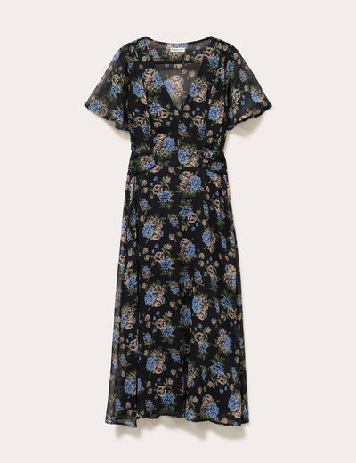 Robe évasée col v manches courtes noir femme