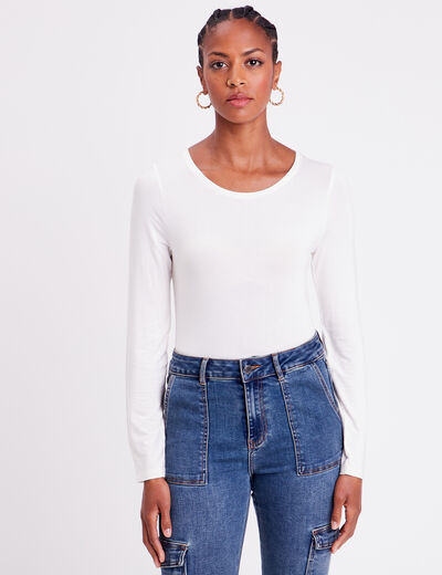 T-shirt uni à manches longues ecru femme