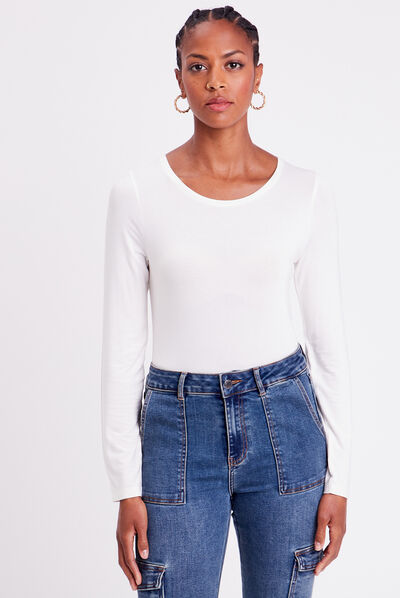 T-shirt uni à manches longues ecru femme