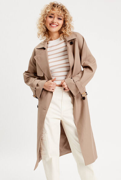Trench long cintré ceinturé sable femme