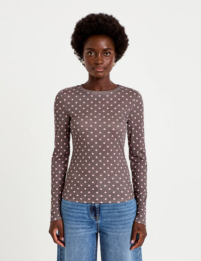 T-shirt ajust&eacute; col rond manches longues marron fonc&eacute; femme