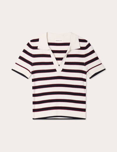 Pull manches courtes col polo blanc femme