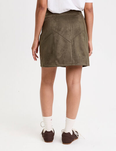 Jupe trap&egrave;ze courte aspect daim vert kaki femme