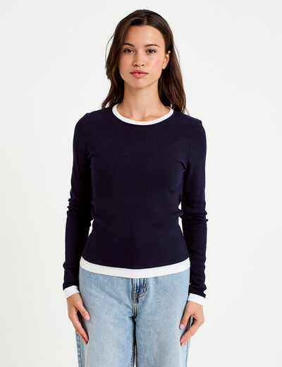 T-shirt 2-en-1 col rond manches longues bleu marine femme