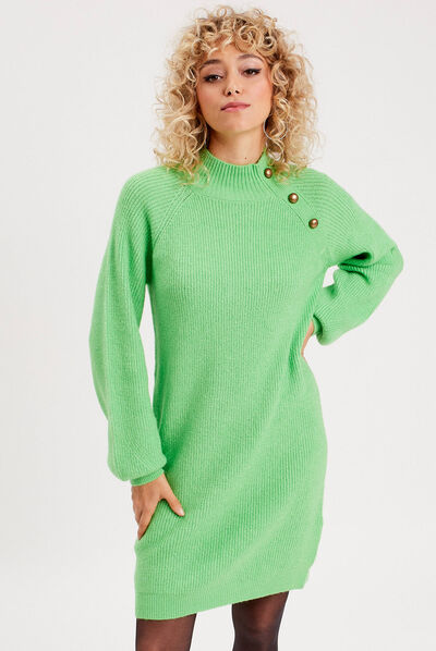 Robe pull droite col montant vert femme