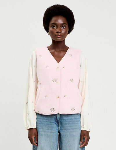 Gilet sans manches brod&eacute; effet polaire vieux rose femme