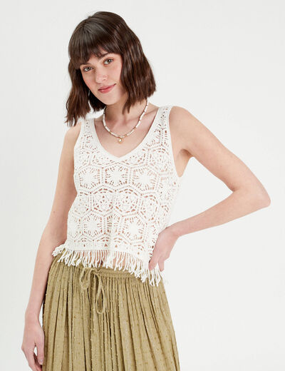 Débardeur macramé franges ecru femme