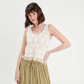 debardeur macrame franges ecru femme Débardeur macramé franges ecru femme