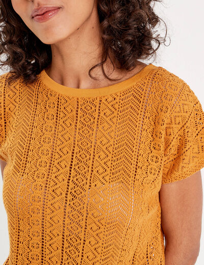 T-shirt manches courtes ajouré jaune moutarde femme
