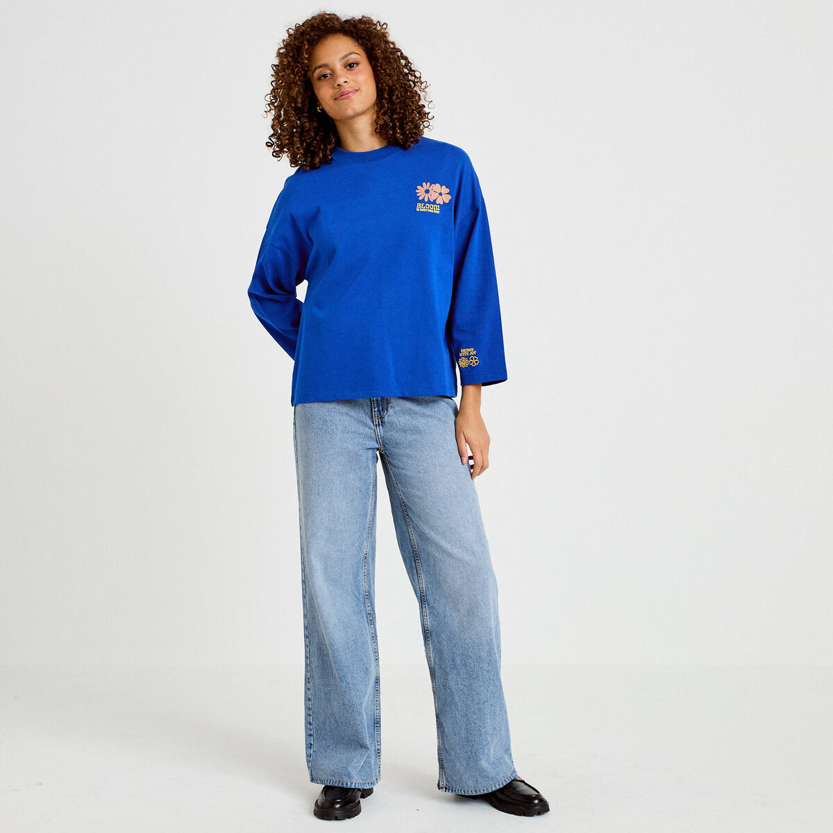 Sweat oversize col rond manches longues bleu electrique femme